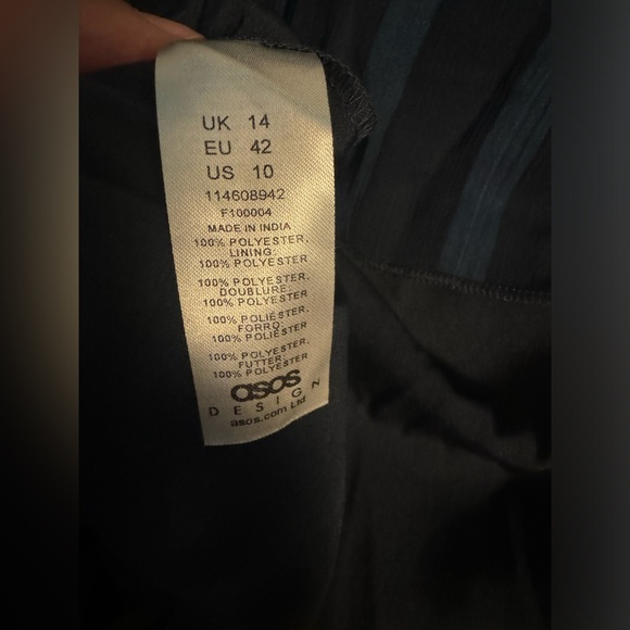 ASOS Dress Blue Pin Strip Sz 10 Sheer Overlay Long Sleeve Exposed Back ruffles - Picture 10 of 16